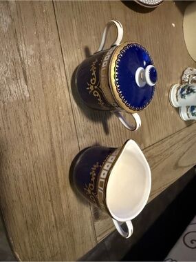Cobalt Blue and Gold Porcelain Sugar Bowl with Creamer